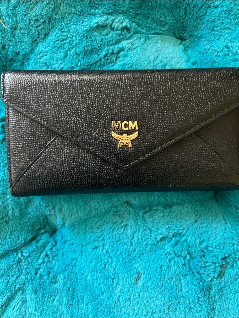 Offers welcome! MCM Black Textured Leather Envelope Wallet with Gold Logo